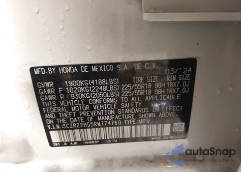 2024 Honda Hr-V Awd Sport/Awd Sport W/O Bsi z USA, uszkodzony, nr VIN 3CZRZ2H55RM774760